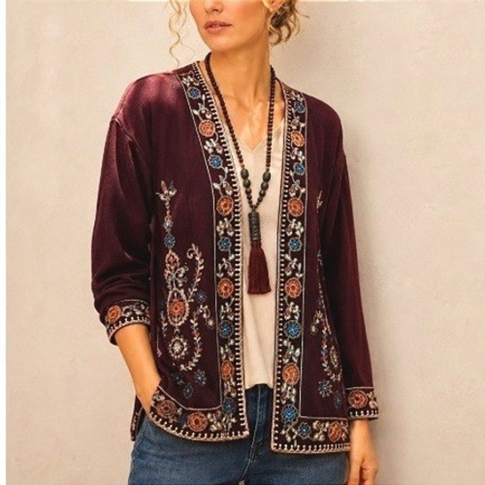 Soft Surroundings Maroon Embroidered Floral Regency Artist Boho Open Cardigan XL